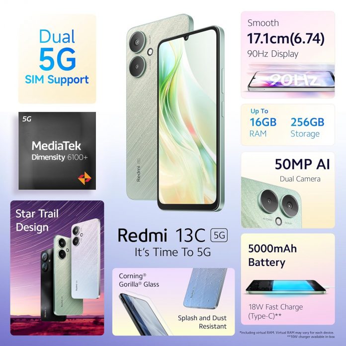 Redmi 13C 5G (Startrail Green, 8GB RAM, 256GB Storage) | MediaTek Dimensity 6100+ 5G | 90Hz Display